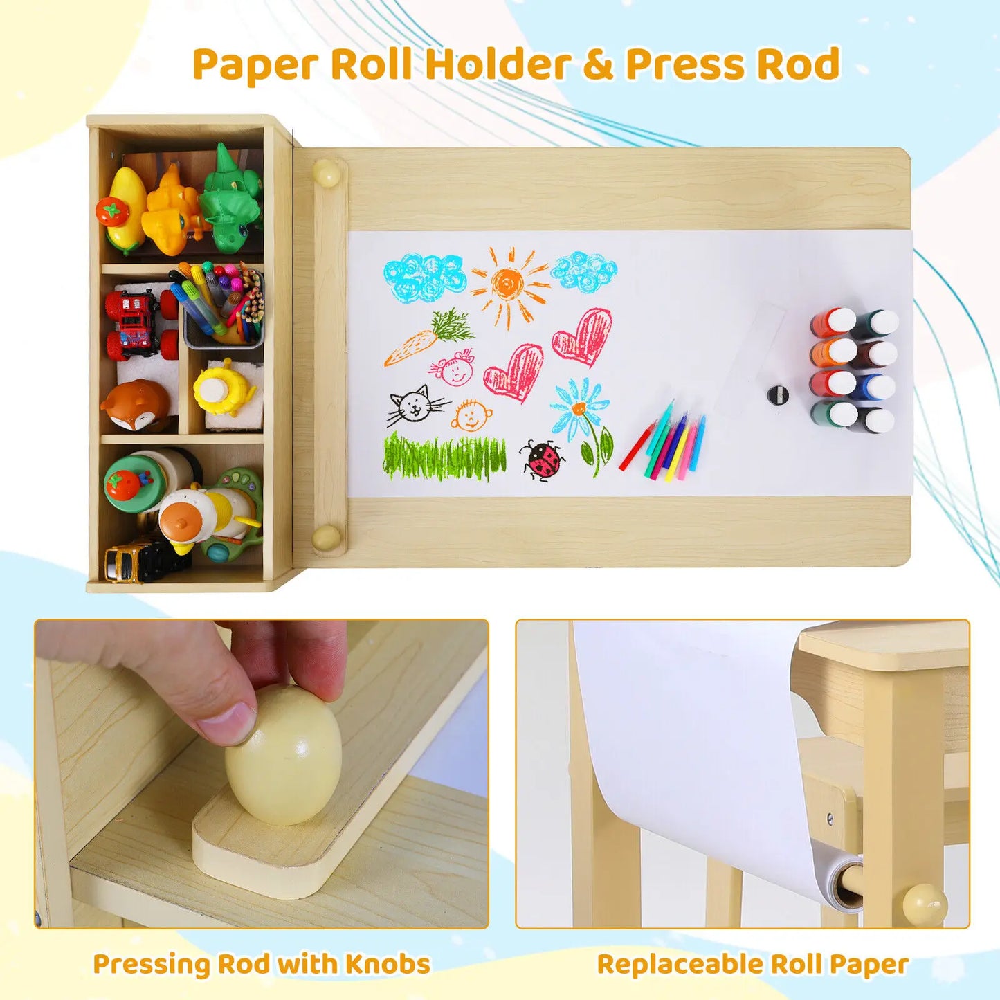 Kids Art Table & Chair Set with Storage, Paper Roll, and Canvas Bins