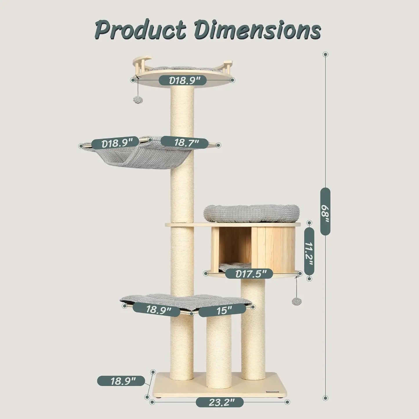 Tall Multi-Level Cat Tree with Scratching Posts for Large Cats up to 20 lbs.