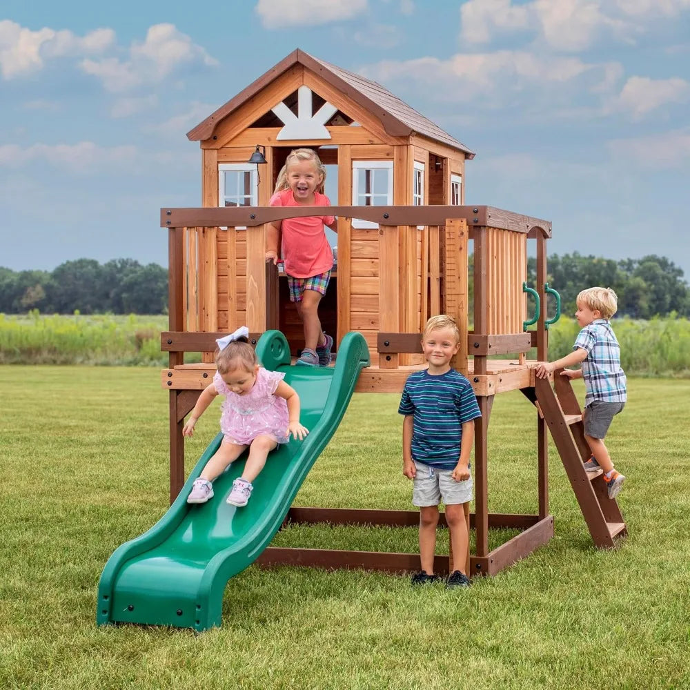 Heights Elevated Cedar Playhouse with Kitchen, Slide, Deck, Ladder & Growth Chart