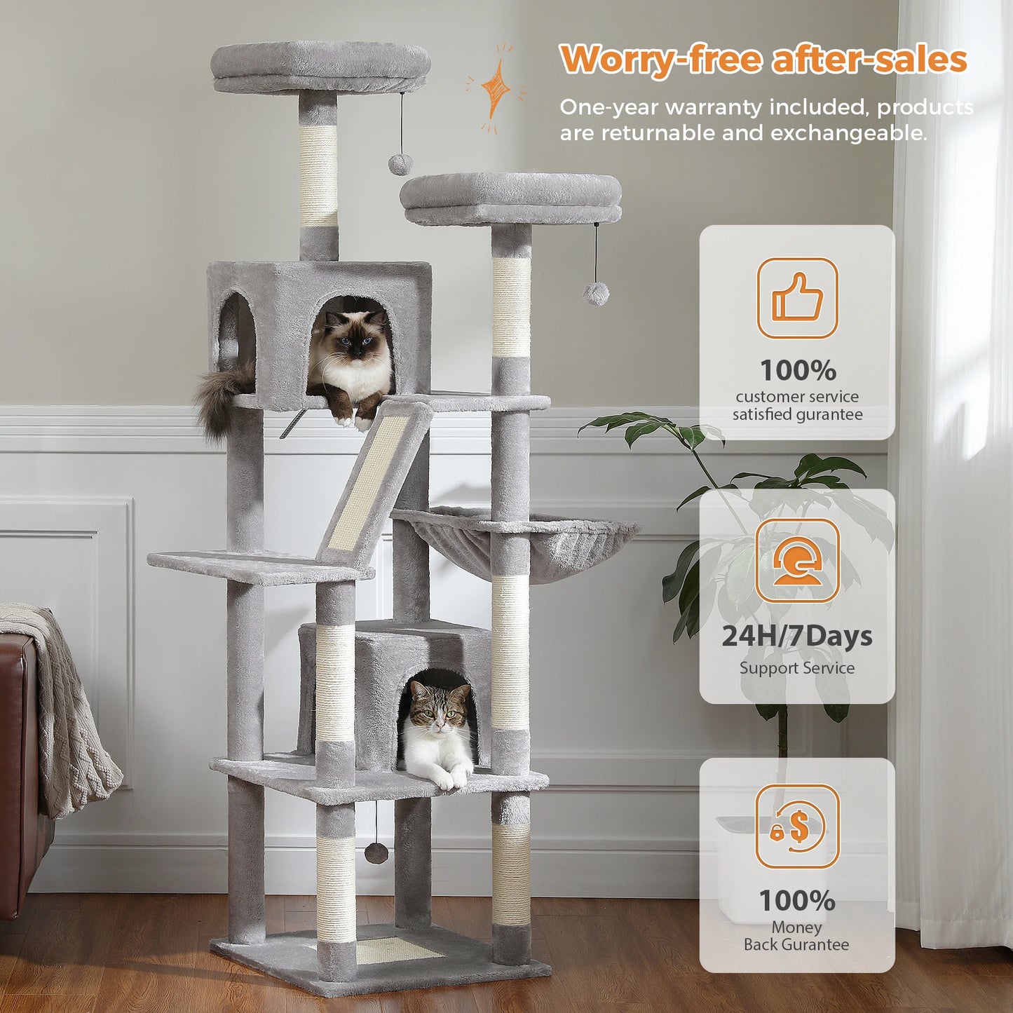 Large Cat Tree, Tall Multi-Level Condo with Scratching Posts, Perches, Caves