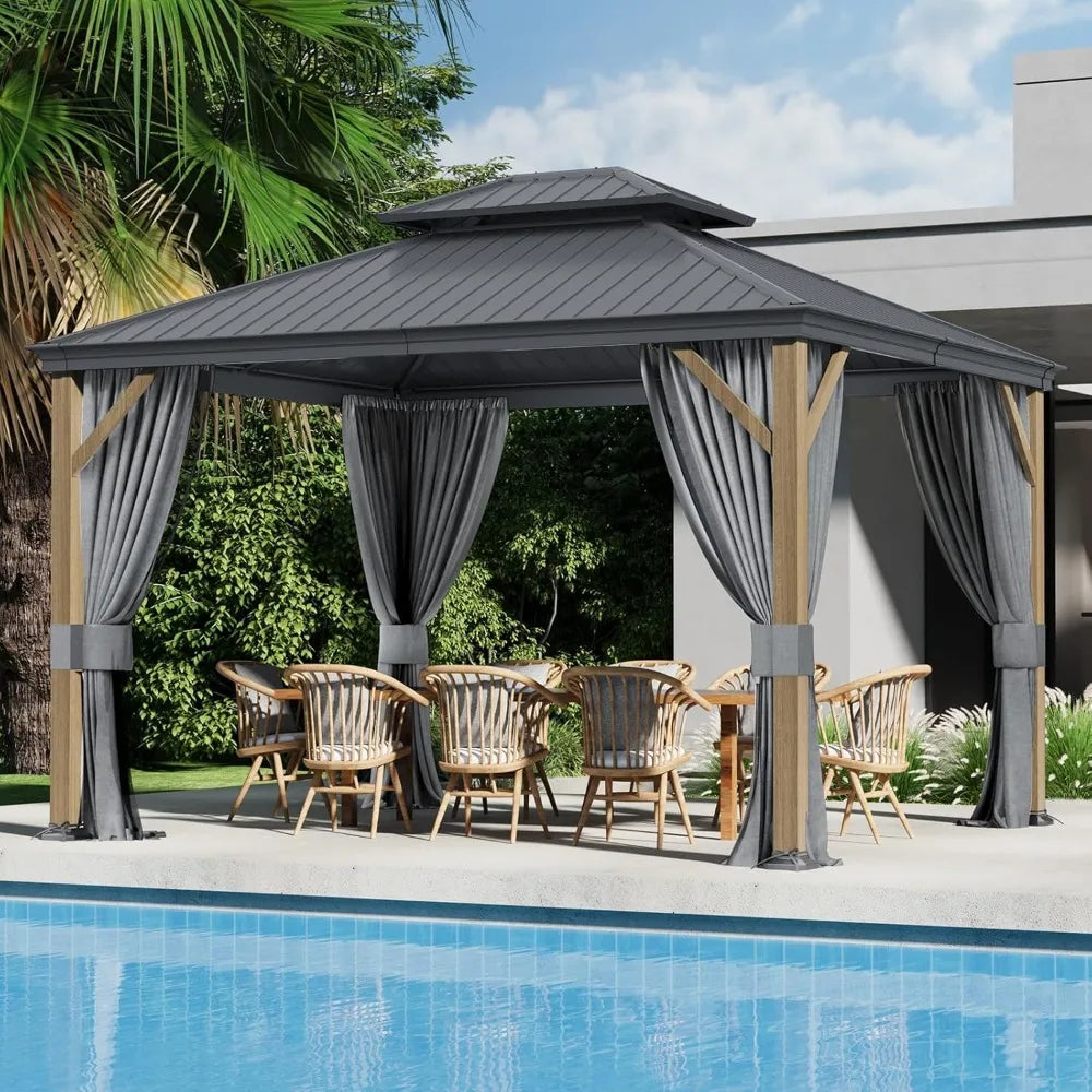 10x12 Ft Hardtop Gazebo – Outdoor Canopy with Curtains & Netting for Patio/Lawn