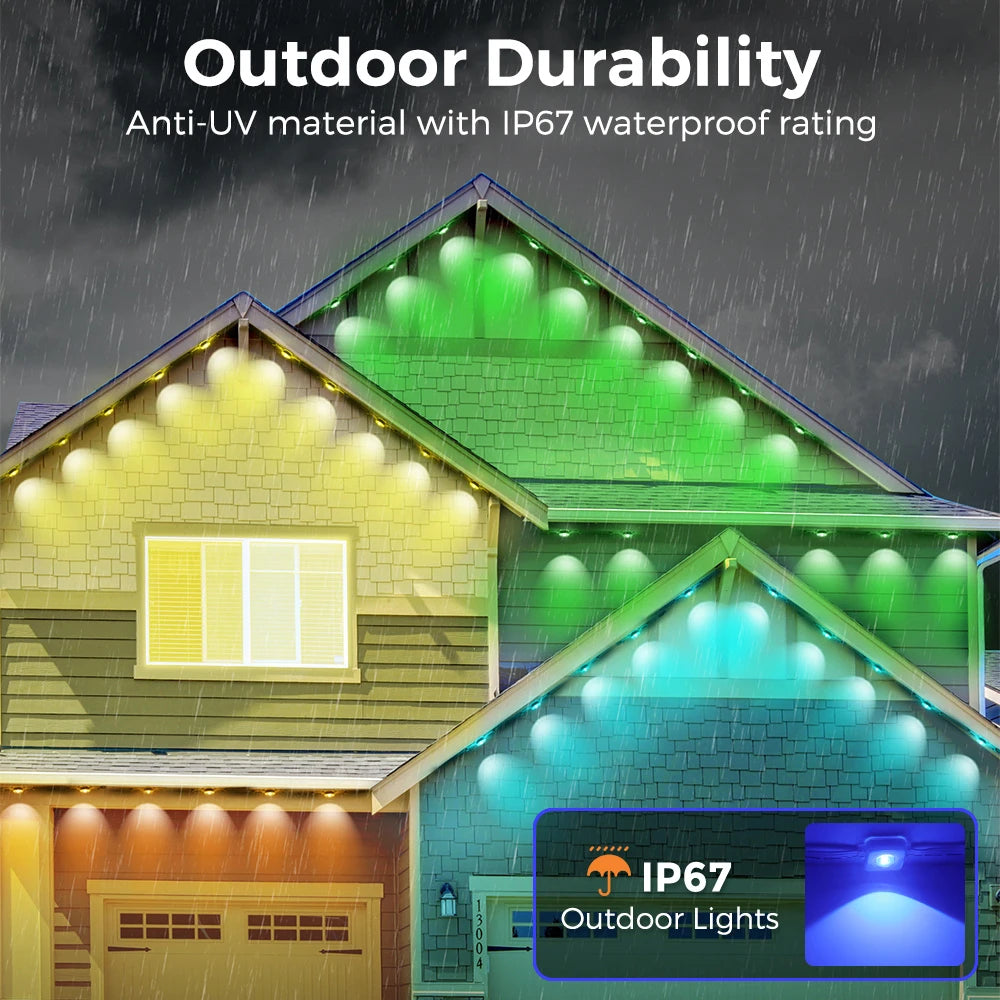 100ft Smart RGB Outdoor Lights – 60 LED, IP68 Waterproof for Christmas & Parties