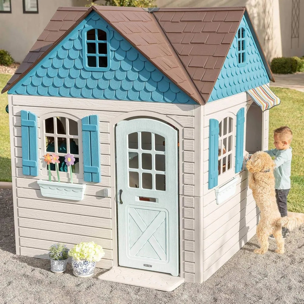 Heavy Duty Plastic Playhouse 6x6x7ft, Beige & Blue, Outdoor Kids Playhouse