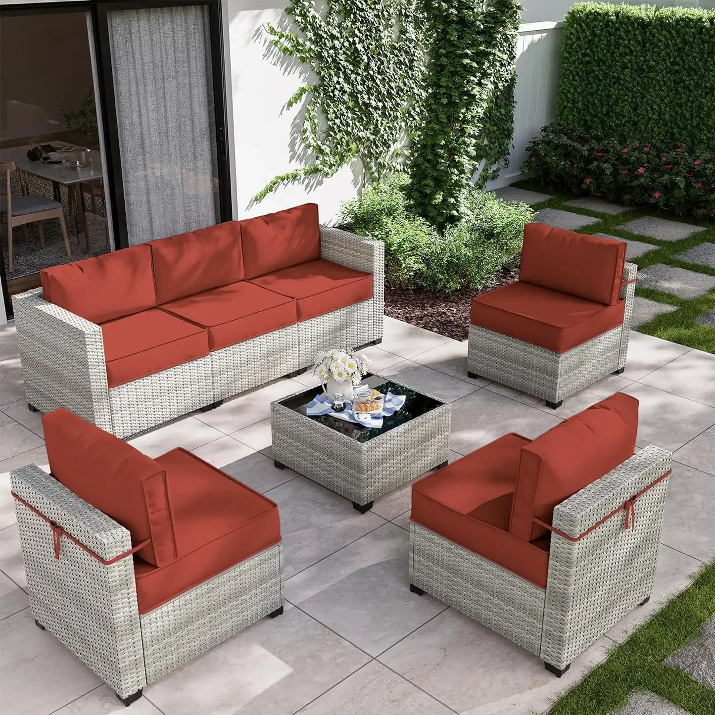 8-Piece Patio Furniture Set with Fire Pit Table, Light Grey Wicker Conversation Set