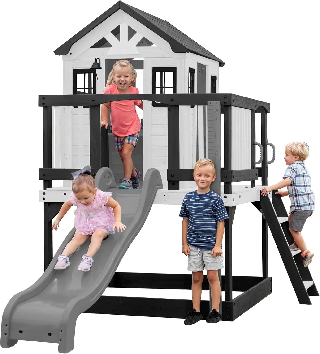 Heights Elevated Cedar Playhouse with Kitchen, Slide, Deck, Ladder & Growth Chart