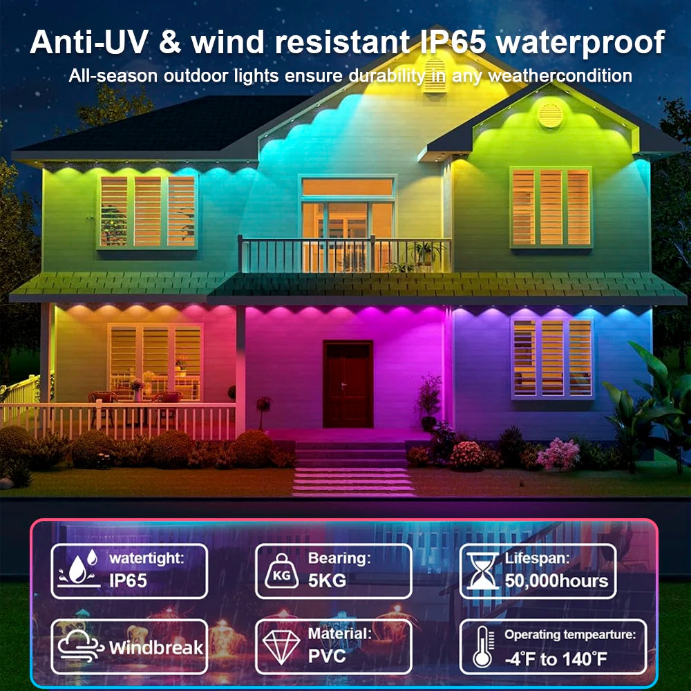 100ft RGBIC Eave Lights – Smart, Waterproof LED String for DIY Outdoor Christmas Decor