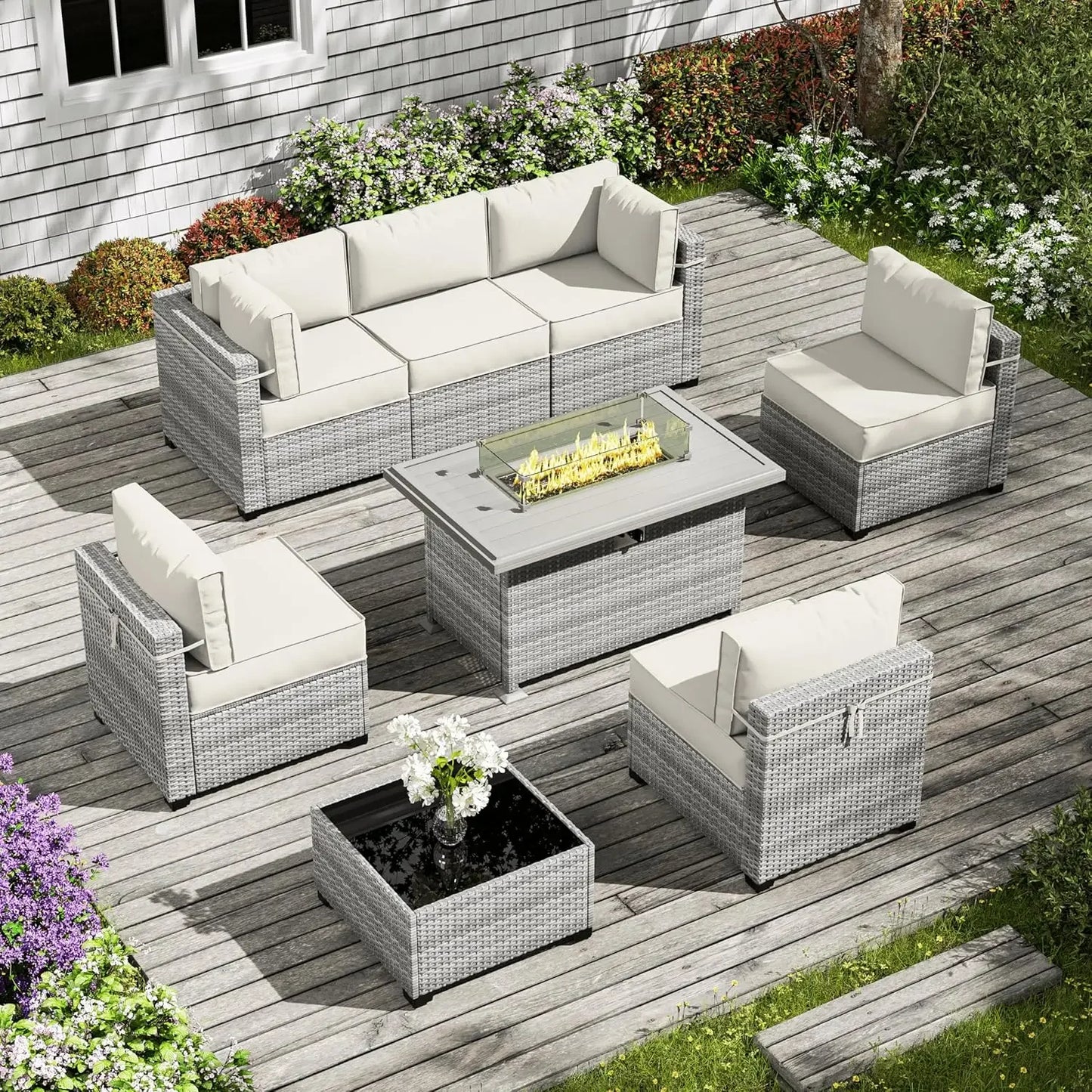 8-Piece Patio Furniture Set with Fire Pit Table, Light Grey Wicker Conversation Set