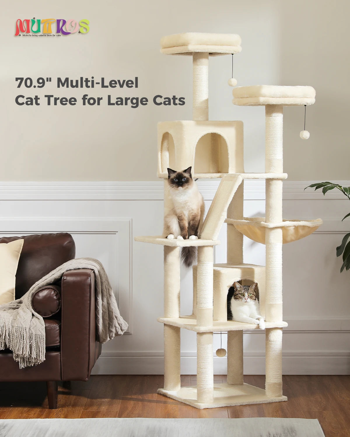 Large Cat Tree, Tall Multi-Level Condo with Scratching Posts, Perches, Caves