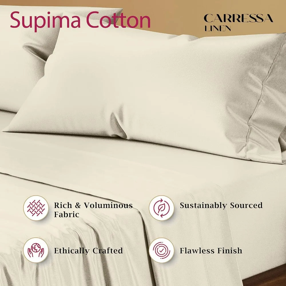 Luxury 100% Supima Cotton Queen Sheets, 1200 Thread Count, 4-Piece Ivory Set