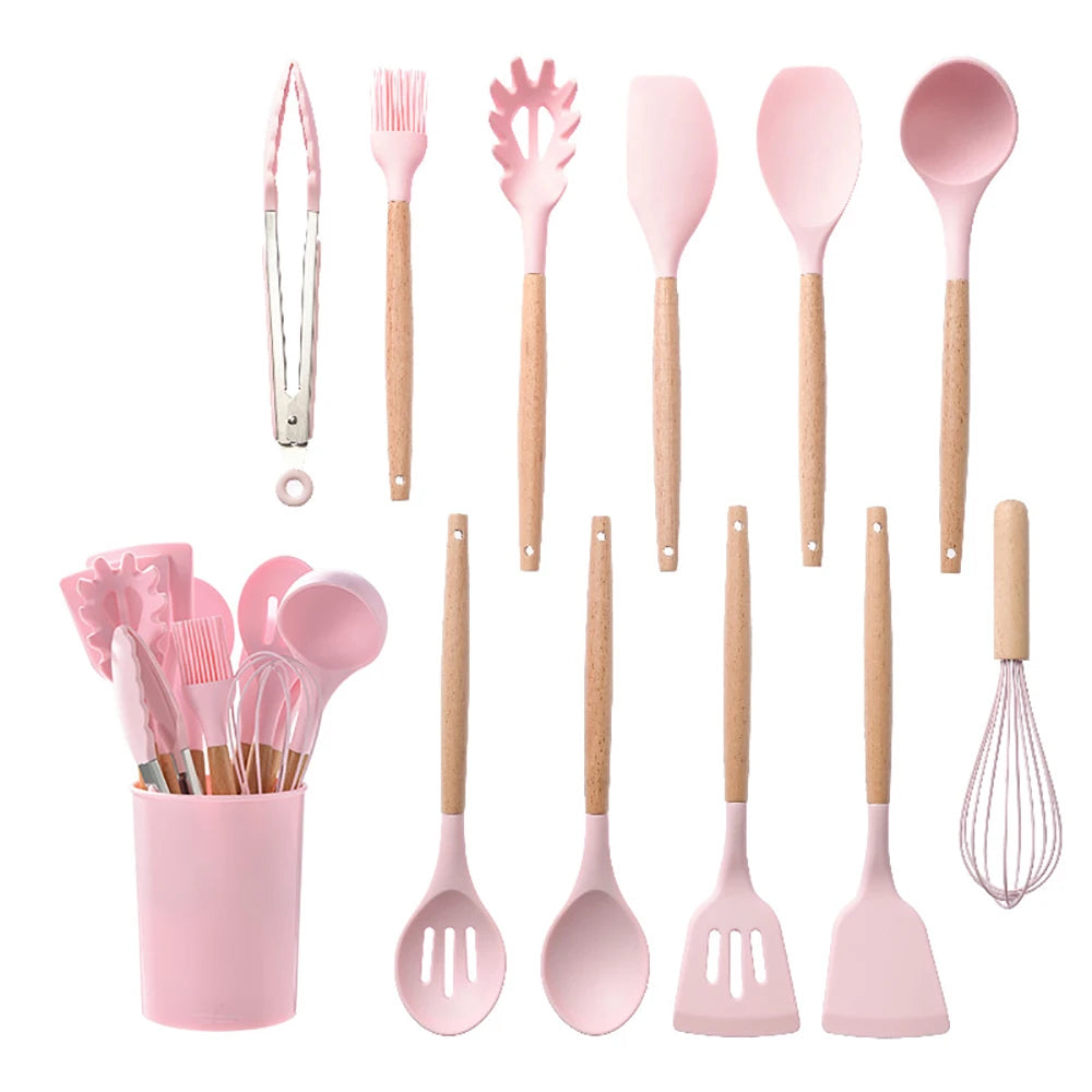 Silicone Cooking Utensils Set with Wooden Handles, Non-Stick Kitchen Tool Set