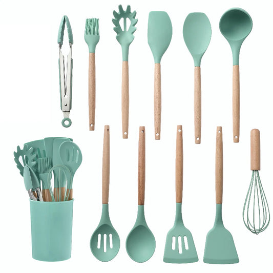 Silicone Cooking Utensils Set with Wooden Handles, Non-Stick Kitchen Tool Set