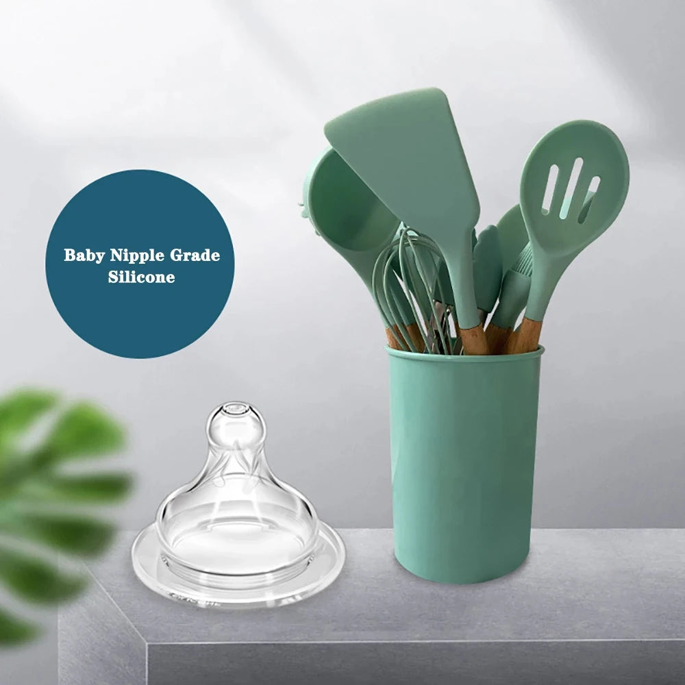 Silicone Cooking Utensils Set with Wooden Handles, Non-Stick Kitchen Tool Set