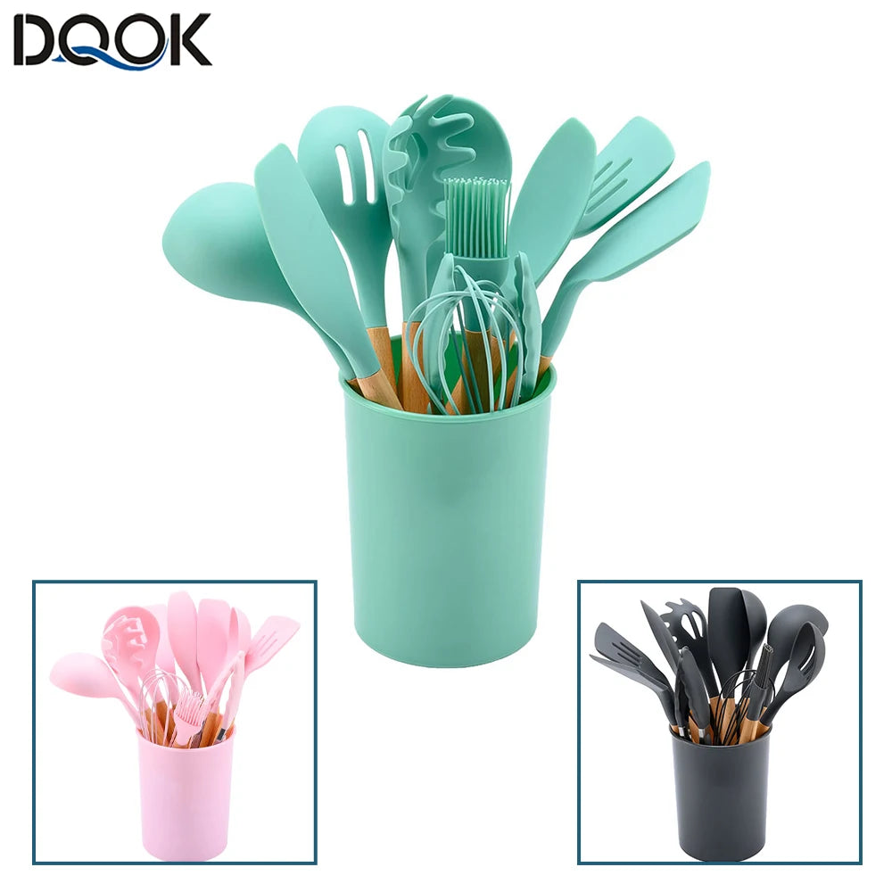 Silicone Cooking Utensils Set with Wooden Handles, Non-Stick Kitchen Tool Set