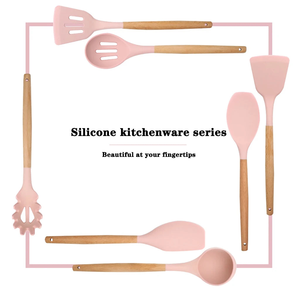 Silicone Cooking Utensils Set with Wooden Handles, Non-Stick Kitchen Tool Set