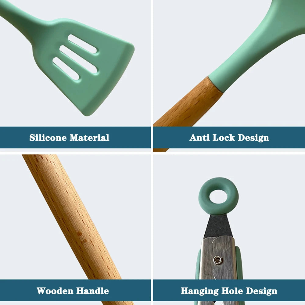 Silicone Cooking Utensils Set with Wooden Handles, Non-Stick Kitchen Tool Set