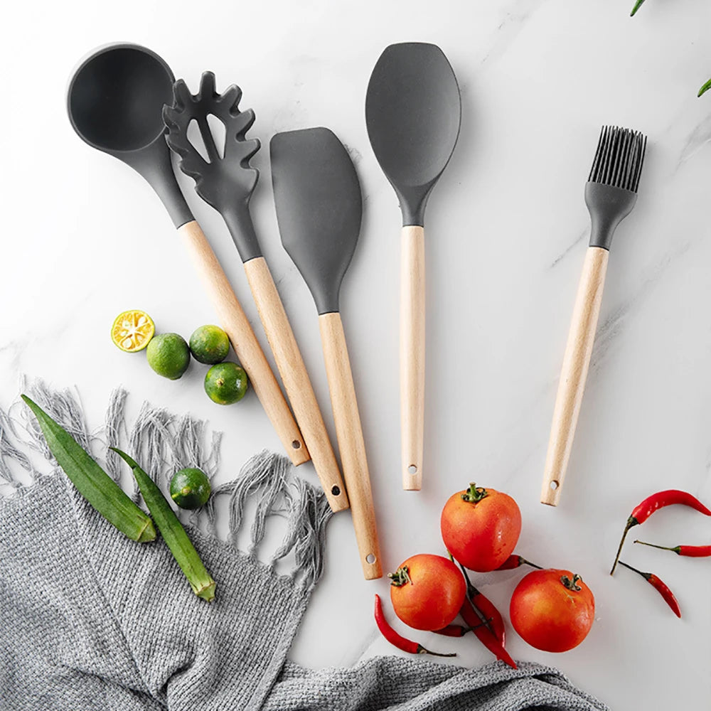 Silicone Cooking Utensils Set with Wooden Handles, Non-Stick Kitchen Tool Set