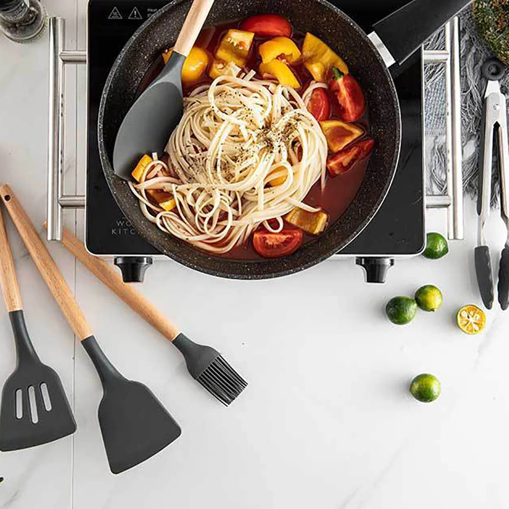Silicone Cooking Utensils Set with Wooden Handles, Non-Stick Kitchen Tool Set