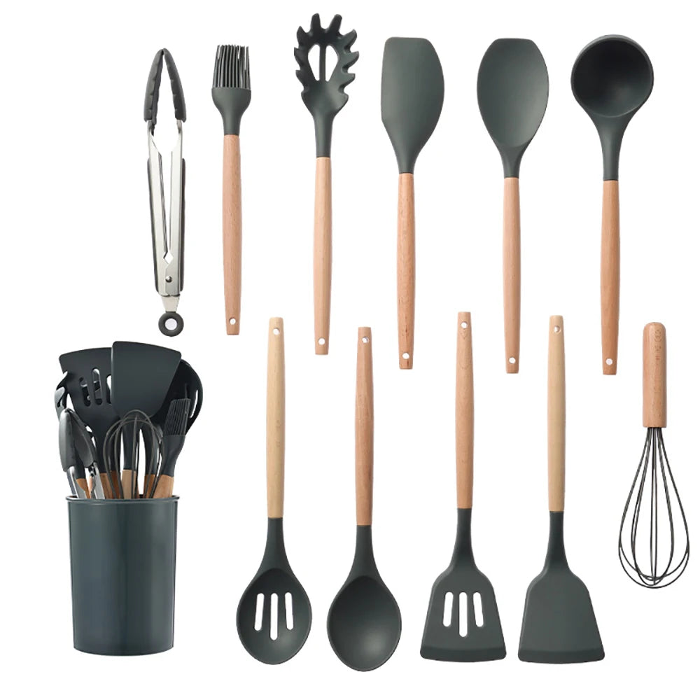 Silicone Cooking Utensils Set with Wooden Handles, Non-Stick Kitchen Tool Set