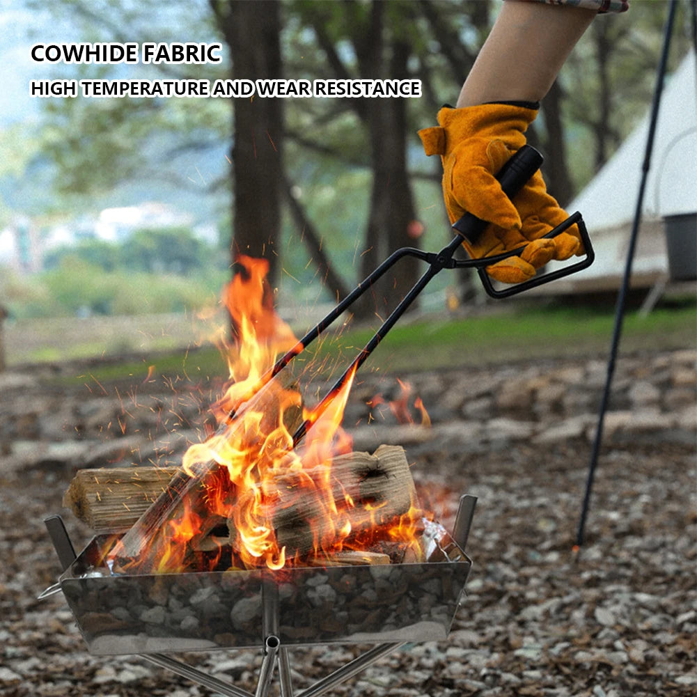 Thickened Cowhide Camping BBQ Gloves – Heat Resistant & Fireproof Oven Mitts