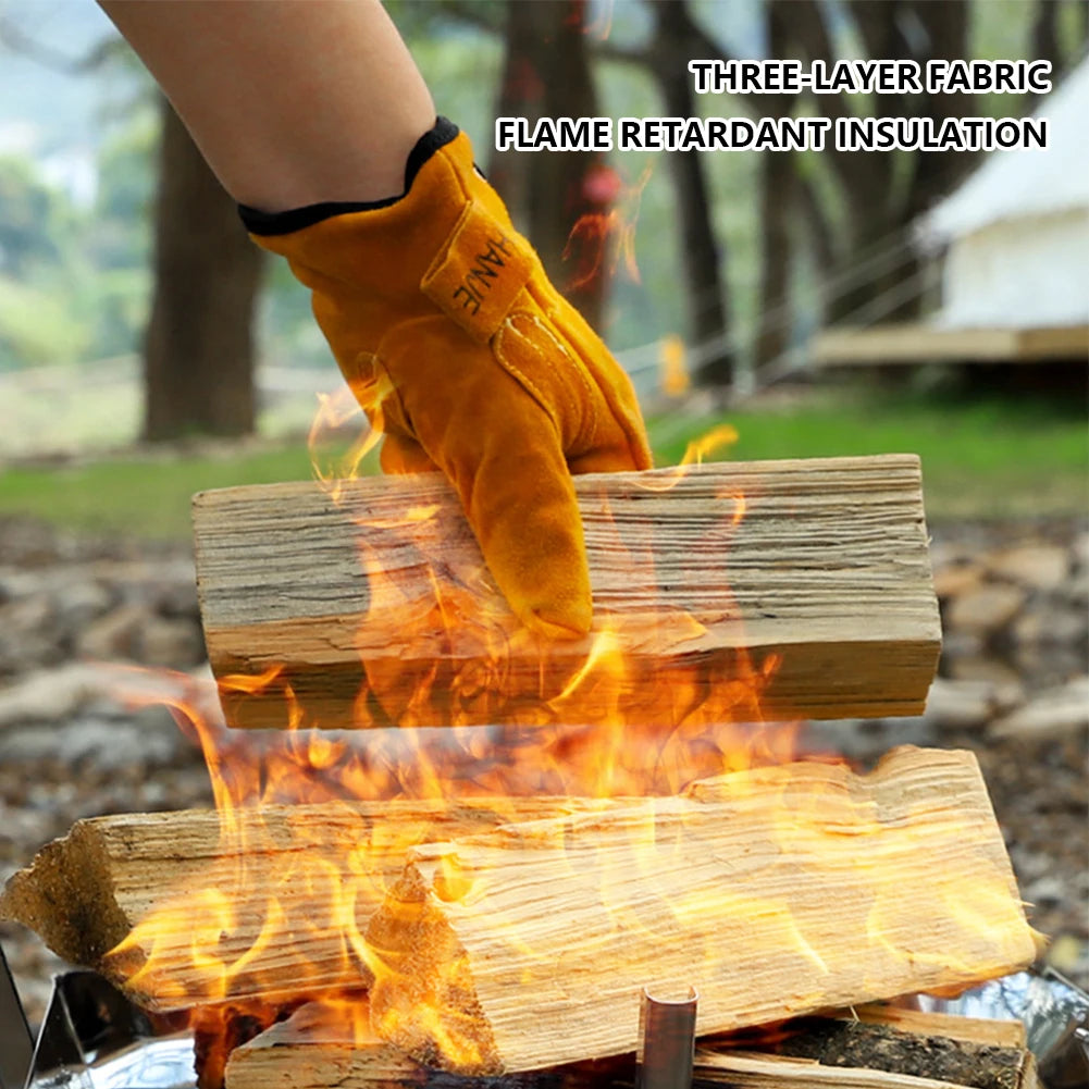 Thickened Cowhide Camping BBQ Gloves – Heat Resistant & Fireproof Oven Mitts
