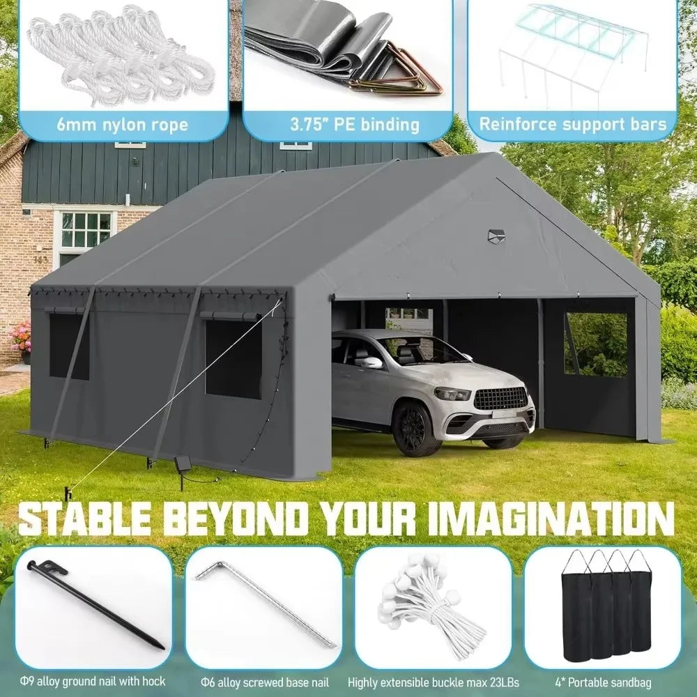 Heavy-Duty Portable Carport Garage Canopy with Roll-Up Doors, All-Weather Shelter
