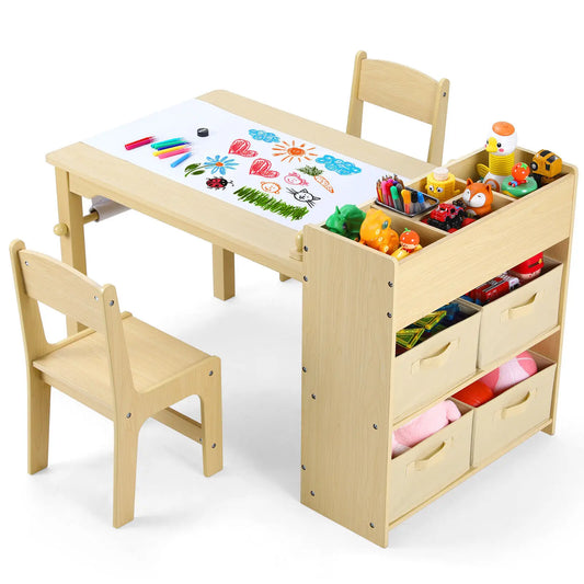 Kids Art Table & Chair Set with Storage, Paper Roll, and Canvas Bins