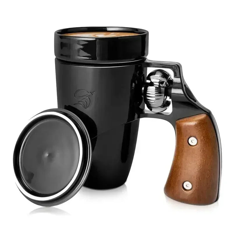Pukomc 16oz Ceramic Coffee Mug with Rotatable Wooden Handle, Leak & Scald-Proof