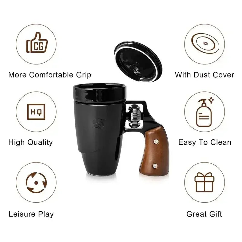 Pukomc 16oz Ceramic Coffee Mug with Rotatable Wooden Handle, Leak & Scald-Proof