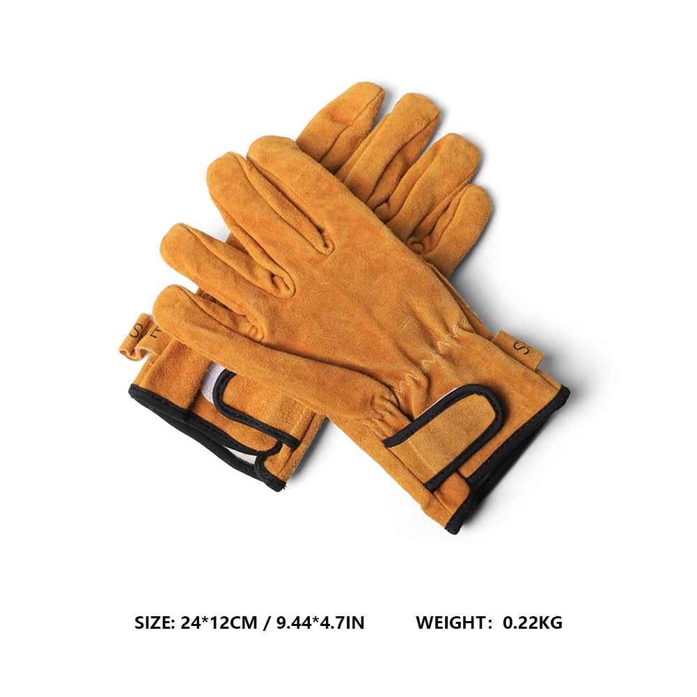Thickened Cowhide Camping BBQ Gloves – Heat Resistant & Fireproof Oven Mitts