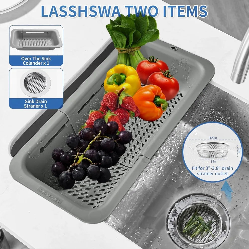 Kitchen foldable colander and filter, kitchen sink filter basket, fruit pasta food filter expansion plastic filter