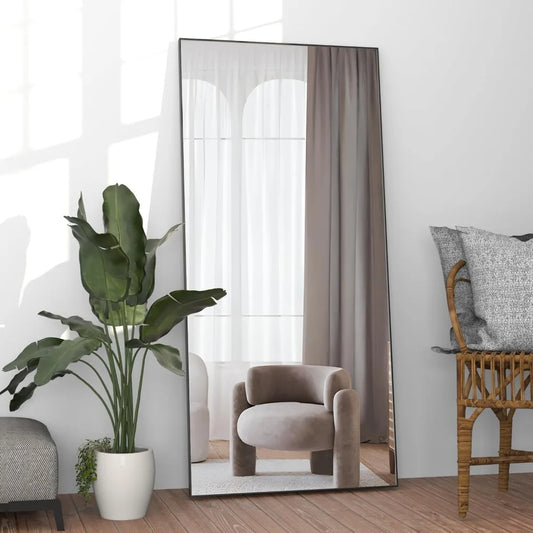 65"x24" Full Length Black Mirror, Standing or Hanging, Aluminum Alloy Frame