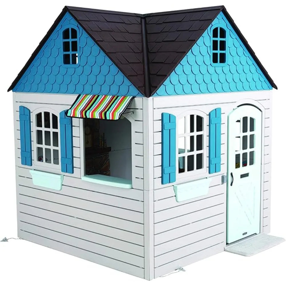 Heavy Duty Plastic Playhouse 6x6x7ft, Beige & Blue, Outdoor Kids Playhouse