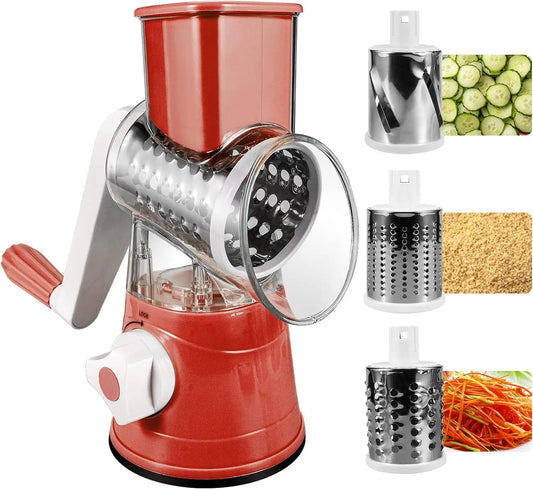 3-in-1 Rotary Cheese Grater with 3 Blades, Fast Vegetable Slicer & Shredder