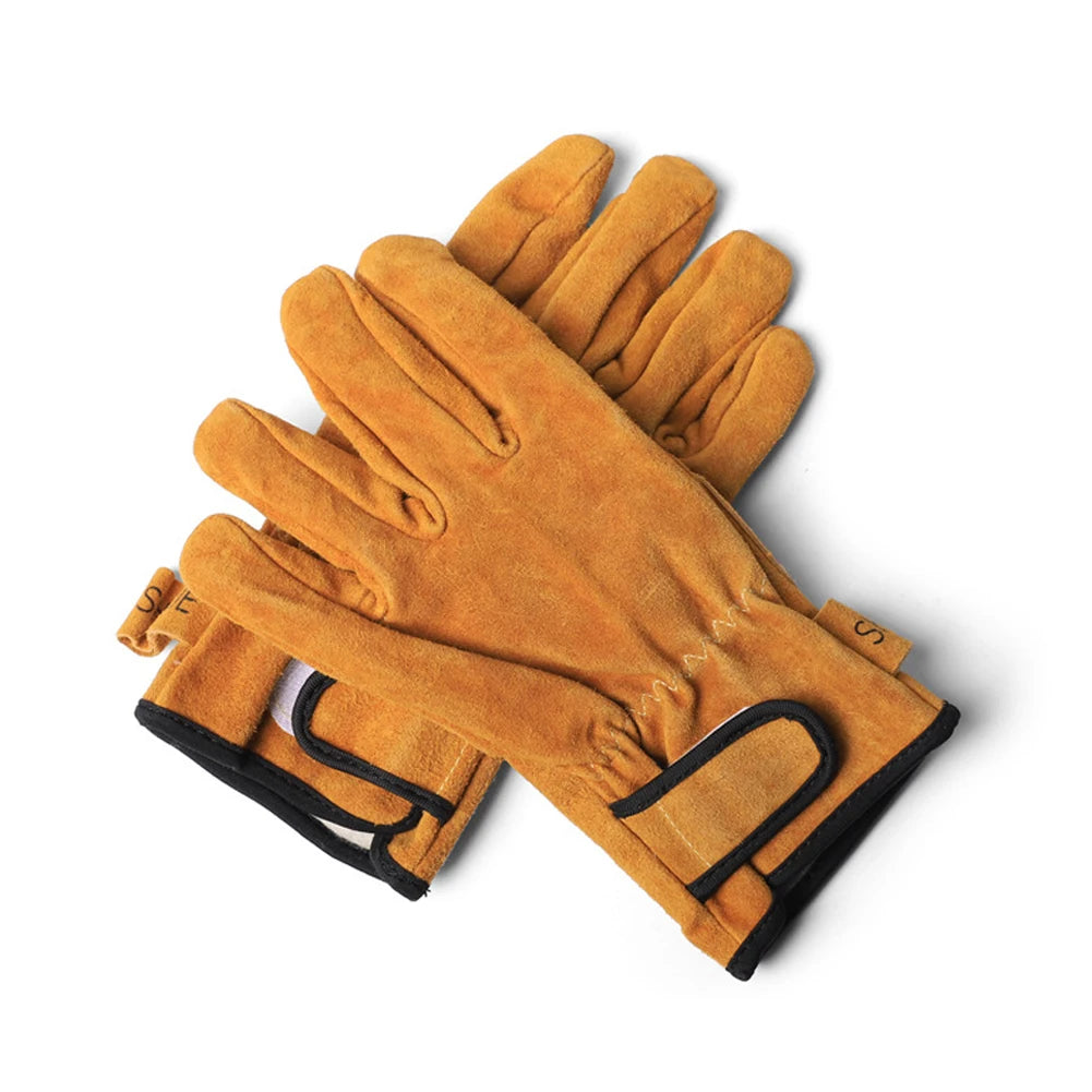 Thickened Cowhide Camping BBQ Gloves – Heat Resistant & Fireproof Oven Mitts