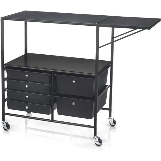 Essex Black Rolling Cart with Tray & Extendable Table, Art & Craft Storage